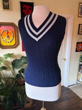 Ralph Lauren Navy Cable-Knit V-Neck Sleeveless Sweater with White Stripes